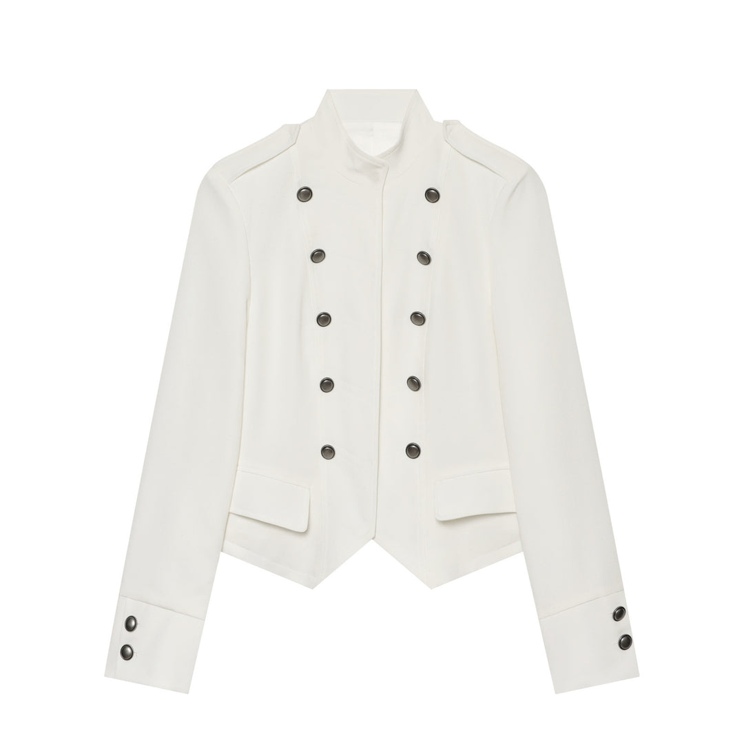 Damen Kurze militärisch-inspirierte Doppelreihige Jacke mit Stehkragen und Pattentaschen Echoarchiv