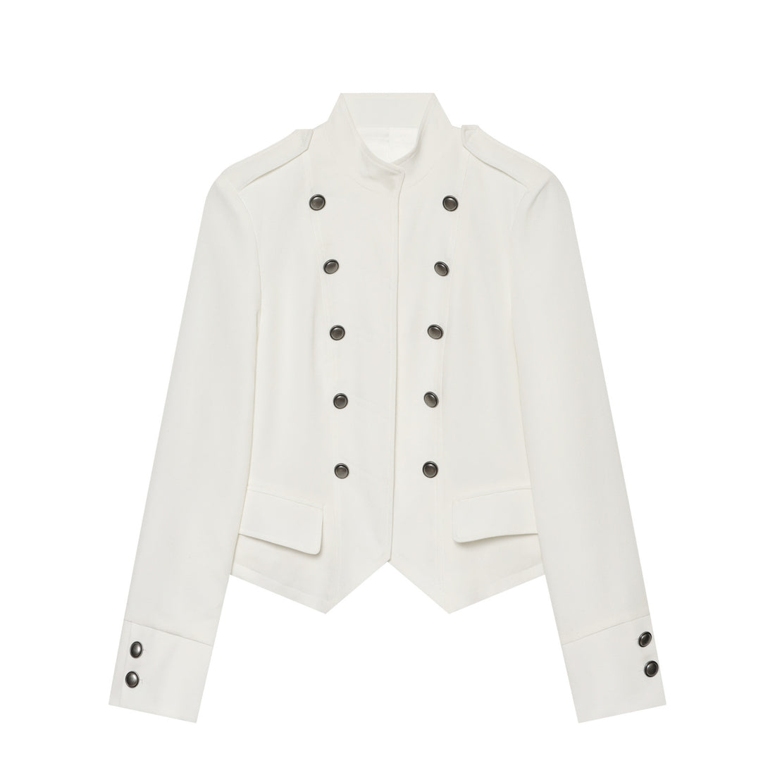 Damen Kurze militärisch-inspirierte Doppelreihige Jacke mit Stehkragen und Pattentaschen Echoarchiv