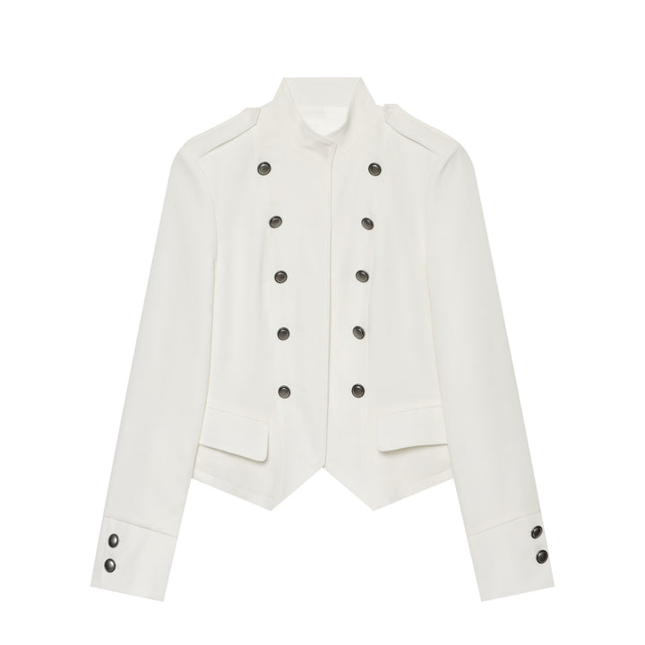 Damen Kurze militärisch-inspirierte Doppelreihige Jacke mit Stehkragen und Pattentaschen Echoarchiv