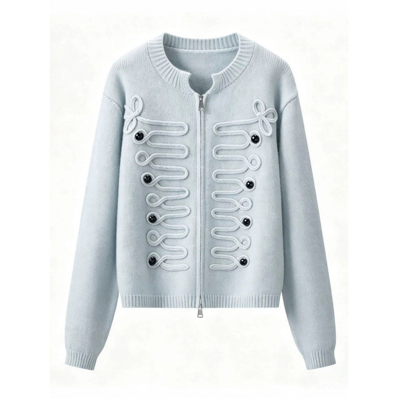 Damen Kurz geschnittene Strickjacke mit dekorativen Kordelapplikationen und Zwei-Wege‑Reißverschluss Echo Archiv