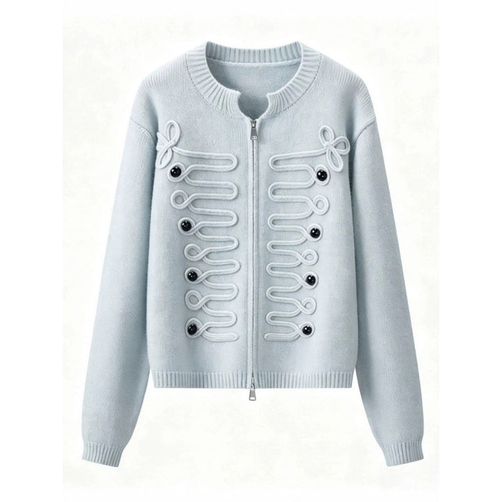 Damen Kurz geschnittene Strickjacke mit dekorativen Kordelapplikationen und Zwei-Wege‑Reißverschluss Echo Archiv