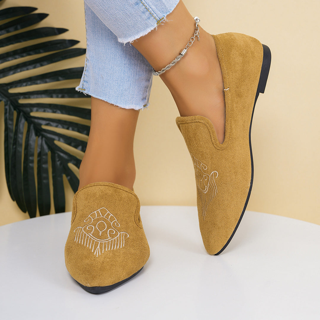Damen nan bestickte Wildlederoptik-Slipper mit spitzer Leistenform und flacher rutschfester Gummisohle Echo Archiv