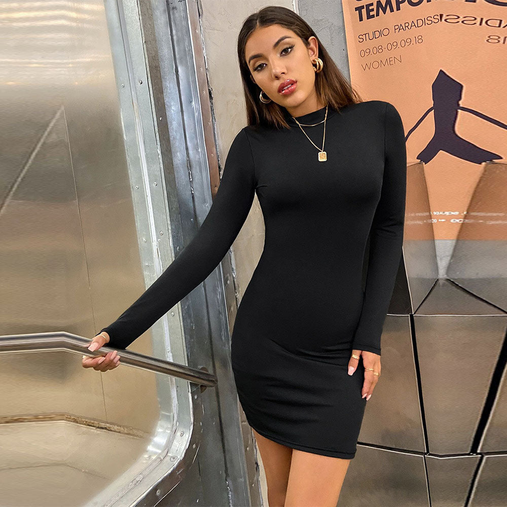 Damen figurbetontes Langarm-Minikleid mit Stehkragen und Sculpting-Jersey – Élara