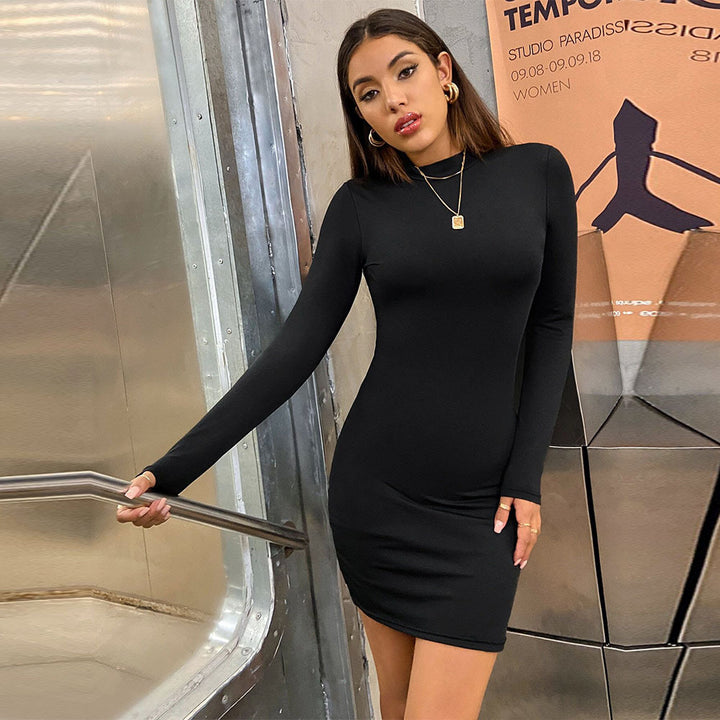 Damen figurbetontes Langarm-Minikleid mit Stehkragen und Sculpting-Jersey – Élara