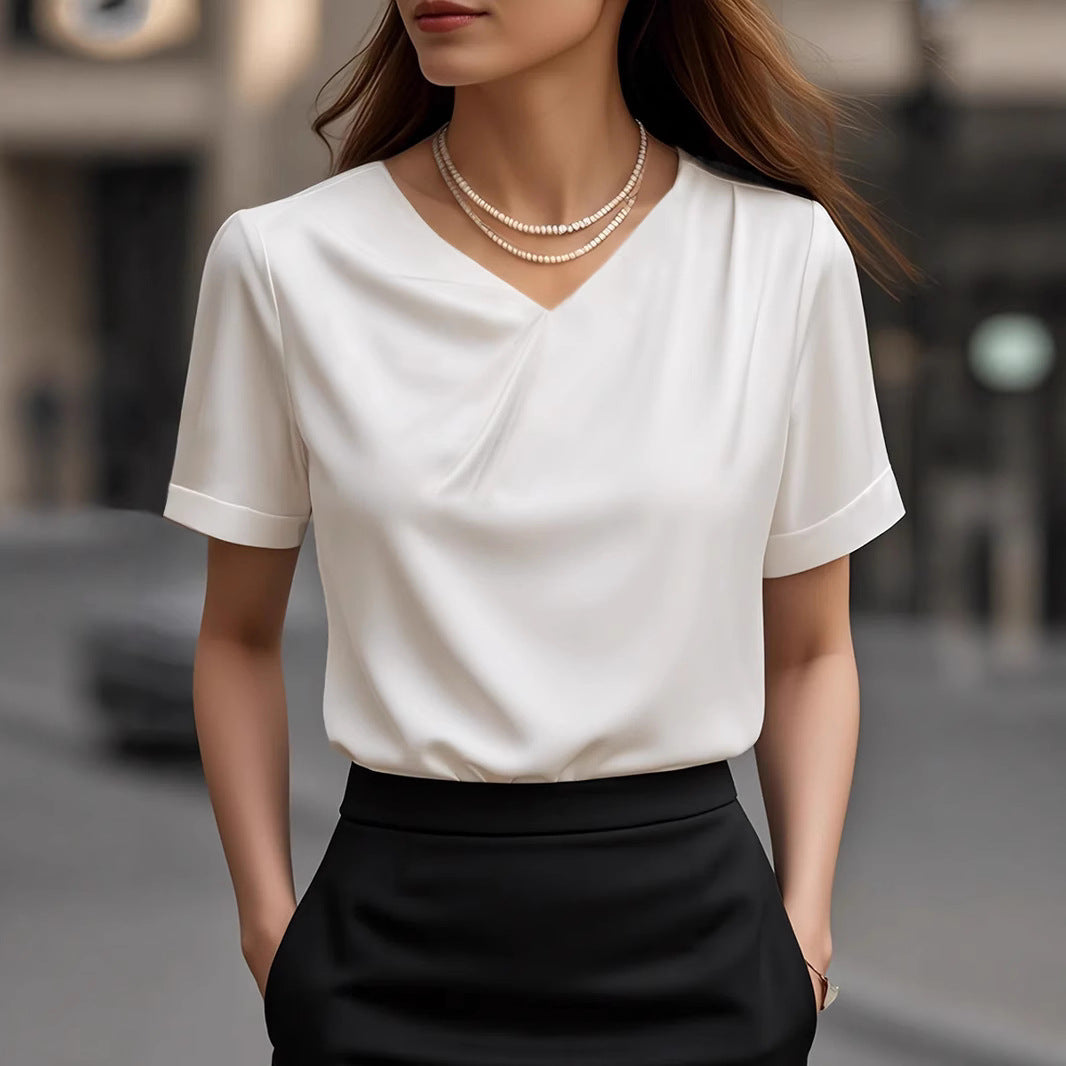 Damen Elegantes V-Ausschnitt Blusenshirt mit kurzärmeligen Design – Élovi