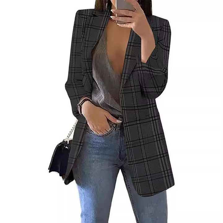 Damen nan taillierter Karoblazer Longline mit strukturierter Schulterpartie und offener Front Echo Archiv
