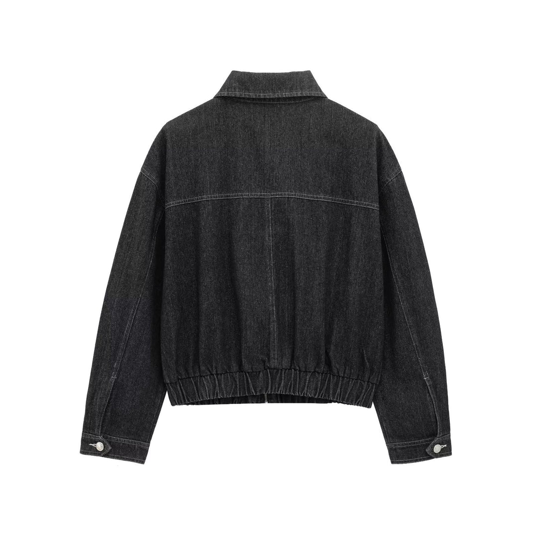 Damen Oversize-Jeansjacke mit durchgehendem Metallreißverschluss, aufgesetzten Klappentaschen und elastischem Saum – Célinea