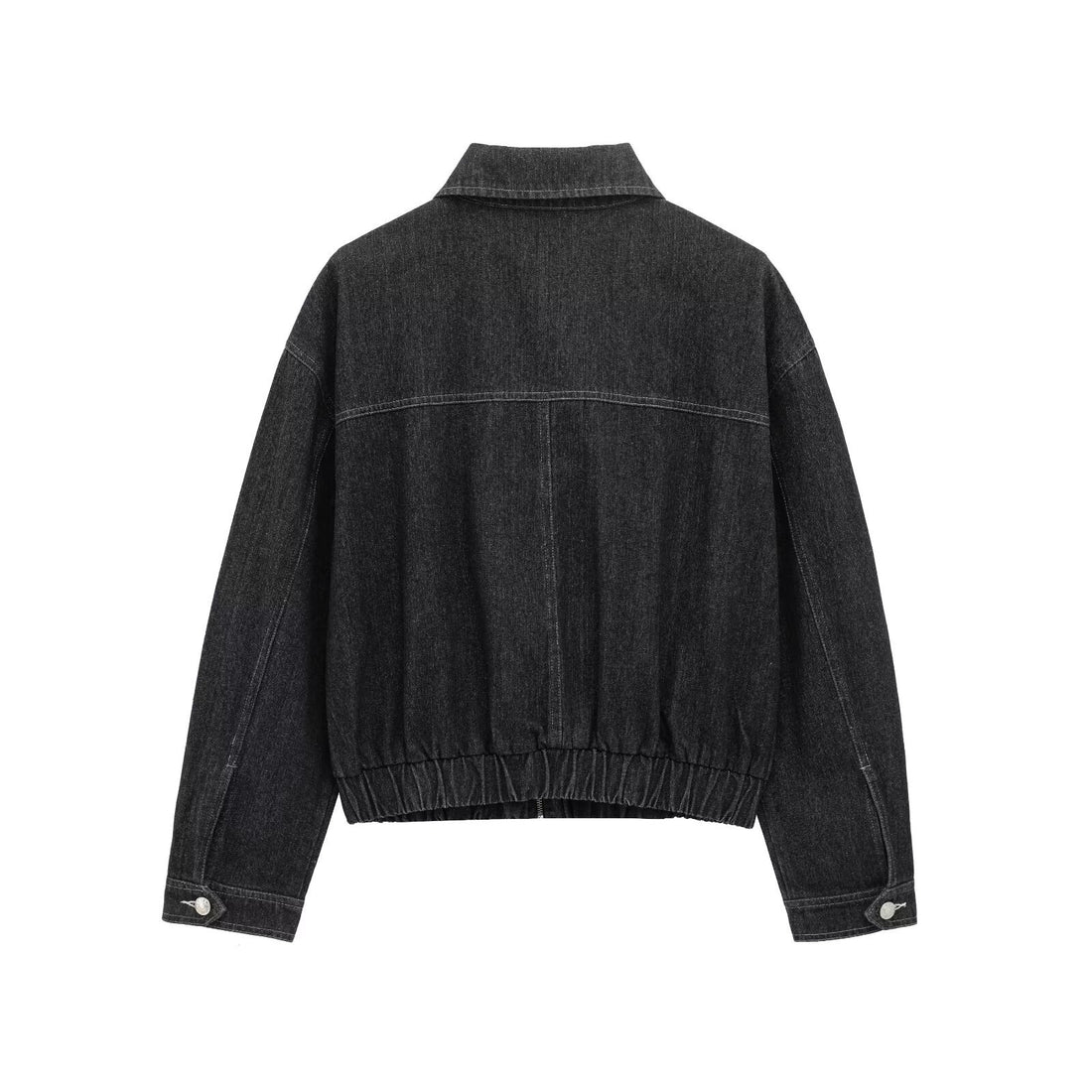Damen Oversize-Jeansjacke mit durchgehendem Metallreißverschluss, aufgesetzten Klappentaschen und elastischem Saum – Célinea