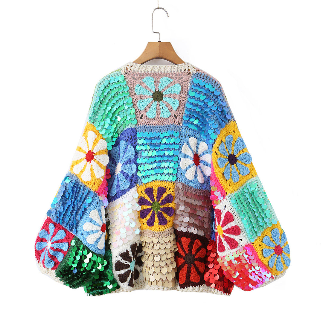 Damen verspielter Häkelpatchwork-Cardigan mit Pailletten und Blumenapplikationen Echoarchiv