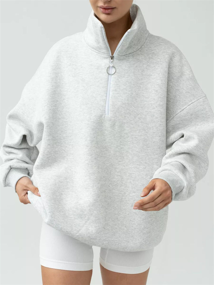 Damen Oversized Halbzip Sweater mit hohem Stehkragen und Rippbündchen – Auréline