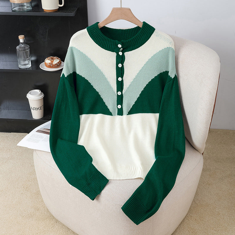 Damen Modischer Strickpullover mit Knopfleiste und Farbblockdesign Echo Archiv