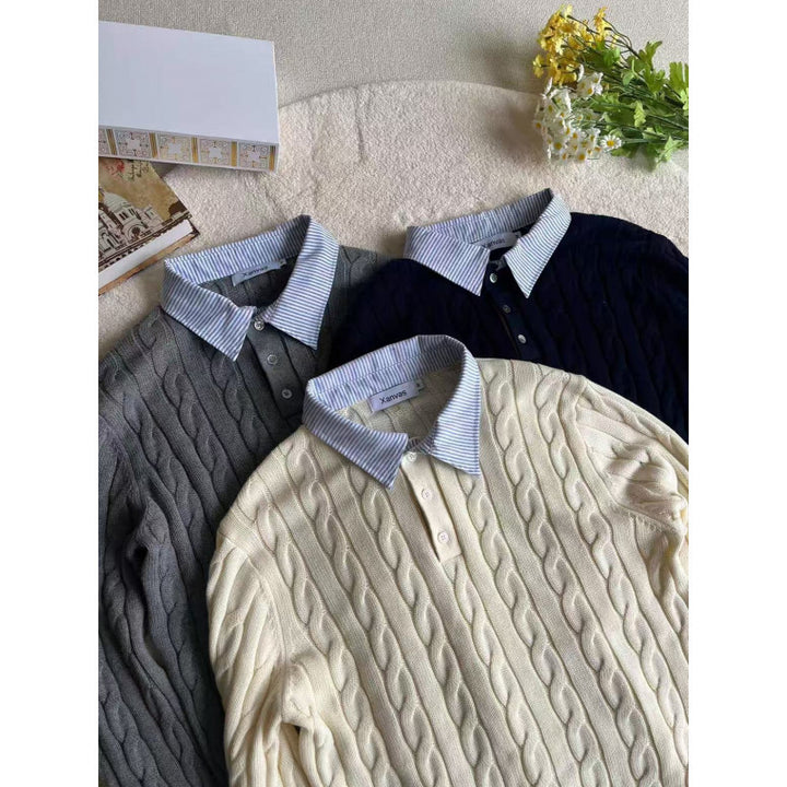 Damen nan gestrickter Polo-Pullover mit Zopfmuster und eingesetztem Hemdkragen Echo Archiv