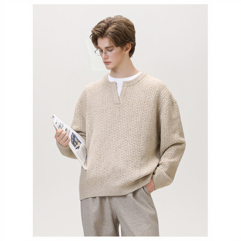 Damen Grobgestrickter Zopfmuster-Pullover mit V‑Ausschnitt und Lagen‑Optik Echoarchiv
