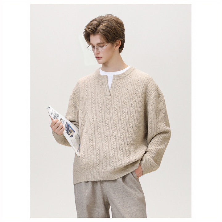Damen Grobgestrickter Zopfmuster-Pullover mit V‑Ausschnitt und Lagen‑Optik Echoarchiv