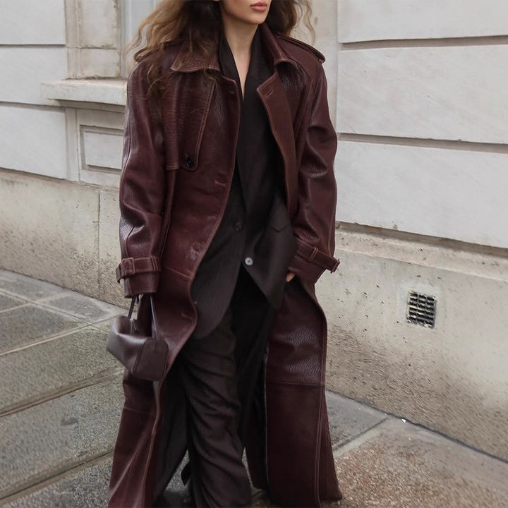 Damen Langer Trenchcoat aus Lederimitat mit Oversize-Schultern und taillierter Silhouette Echoarchiv