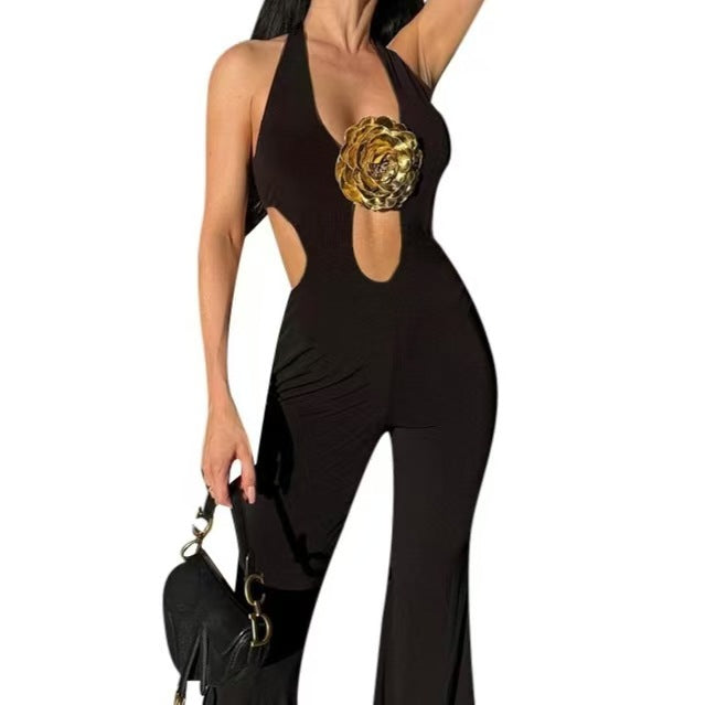 Damen Eleganter Jumpsuit mit raffiniertem Cut-Out-Design und floralen Applikationen Echo Archiv