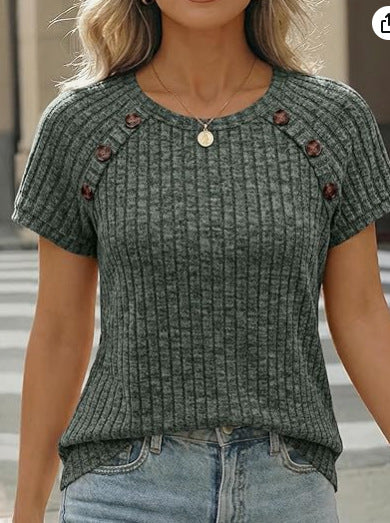 Damen lässiges Rippenstrick-T-Shirt mit Knöpfen Echo Archiv