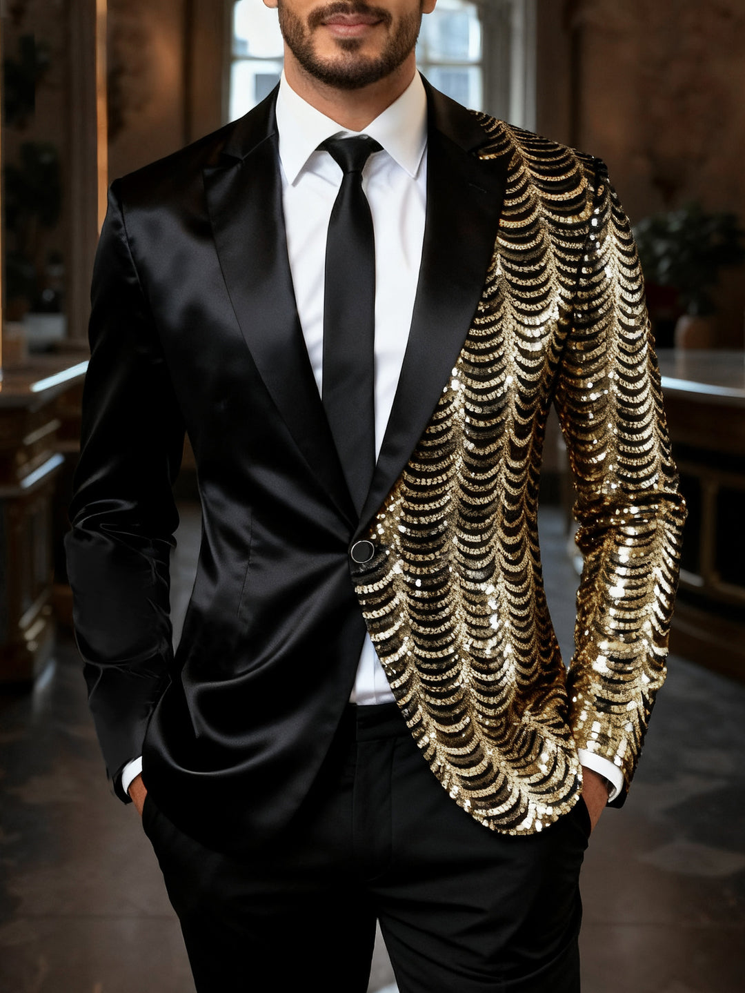 Herren Glamour-Smoking-Sakko mit halbseitigem Paillettenbesatz und Satinrevers Echo Archiv