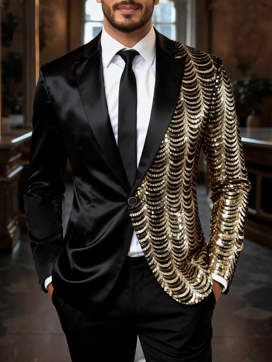 Herren Glamour-Smoking-Sakko mit halbseitigem Paillettenbesatz und Satinrevers Echo Archiv