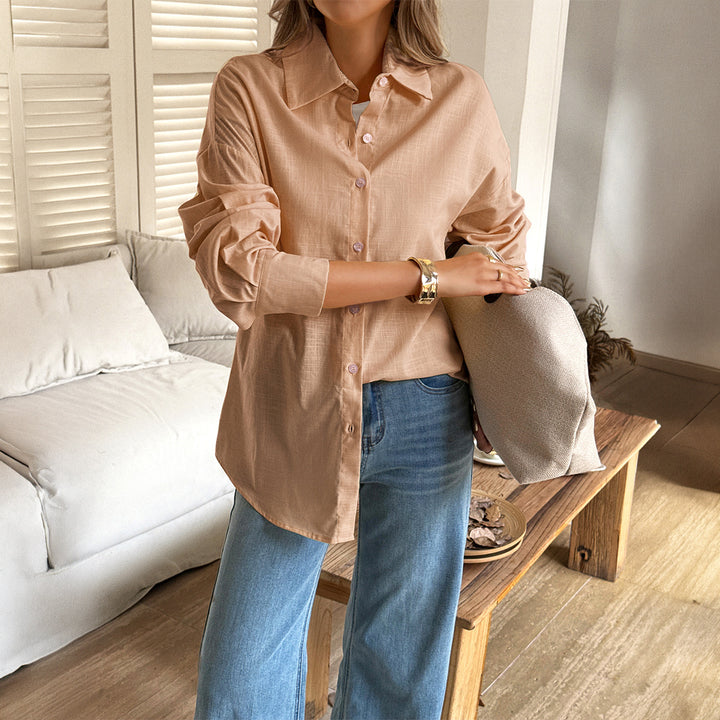 Damen oversized Leinen-Hemdbluse mit kastigem Schnitt und verdeckter Knopfleiste – Élovi