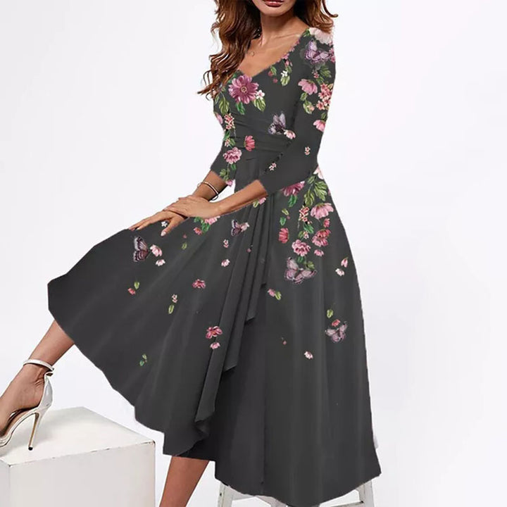 Damen Wickel-Midi-Kleid mit Blumenmuster, asymmetrischem Stufenschnitt und tailliertem Bindegürtel – Élara