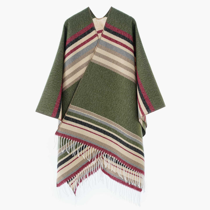Damen Gestreifter Wollmix-Poncho mit Fransensaum – Avérine