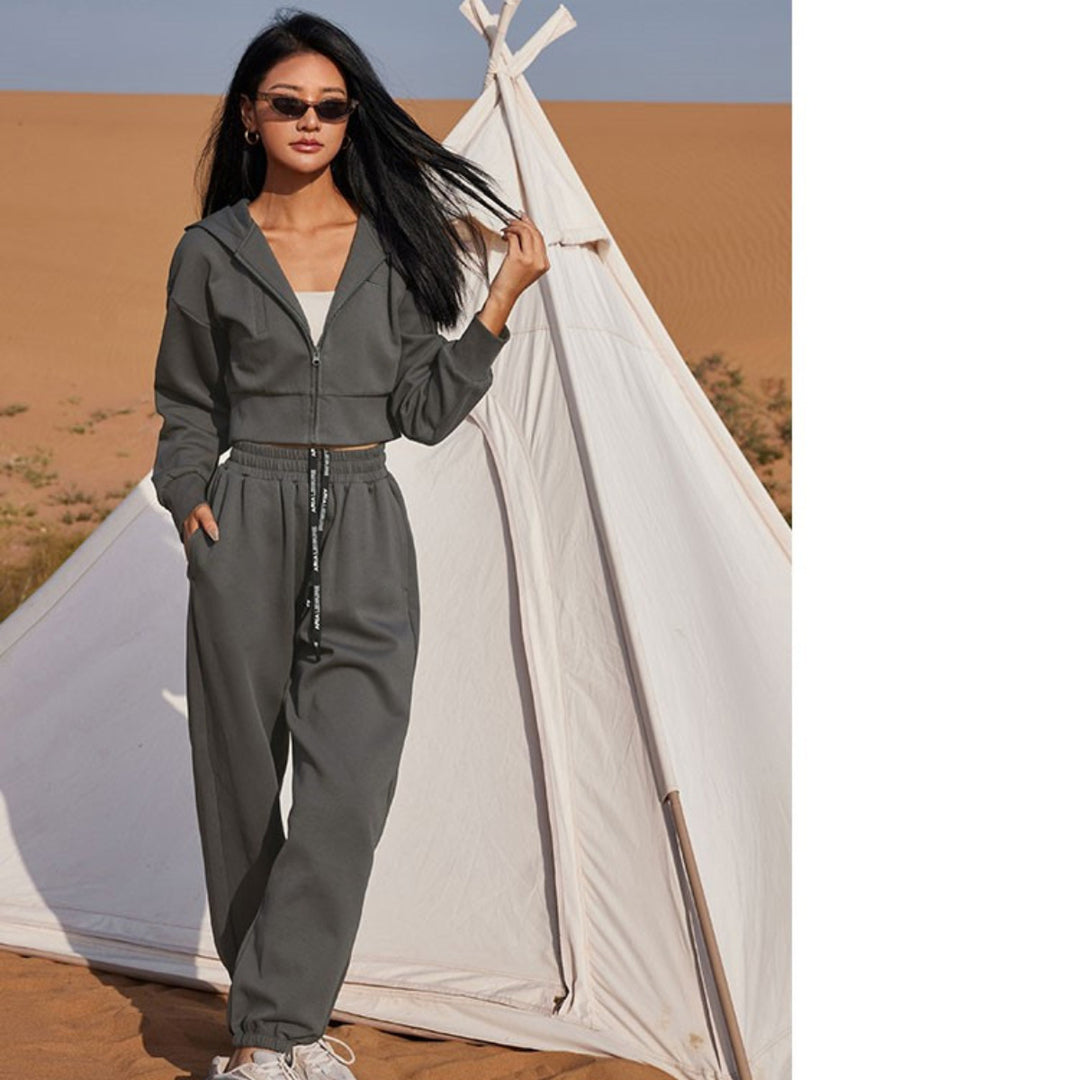 Damen Zweiteiliges Cropped Reißverschluss-Hoodie mit elastischer High-Waist Jogginghose – Auréline