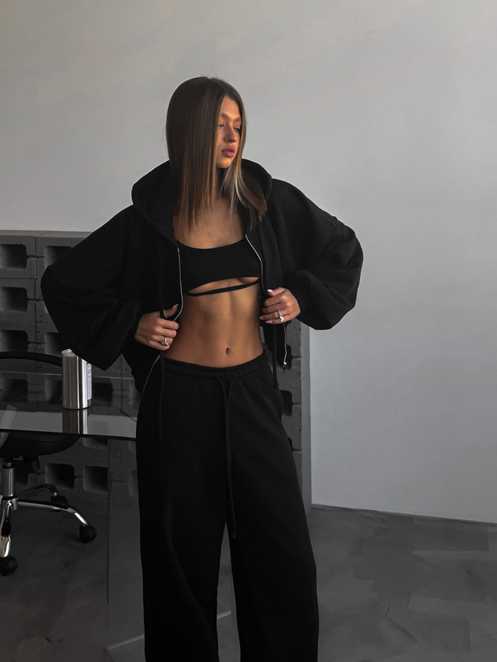 Damen kurzes Kapuzenzipper-Lounge-Set mit oversized Ärmeln und weitem Jogginghose-Schnitt – Auréline
