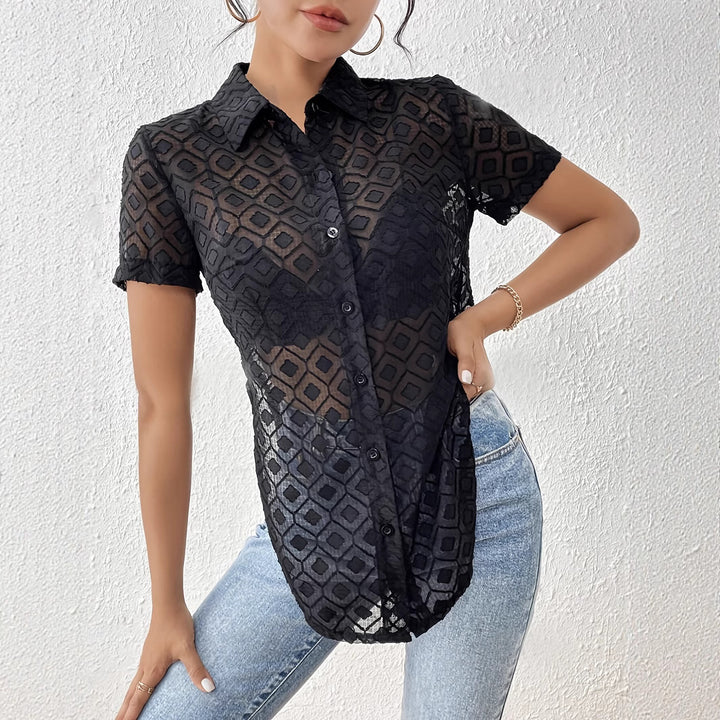 Damen nan taillierte bauchfreie Kurzbluse aus Ajour-Mesh mit Hemdkragen und Knotendetail Echo Archiv