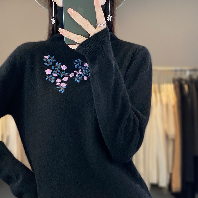 Damen Kaschmir‑Optik Rollkragenpullover mit zarter Blumenstickerei am Brustbereich Echoarchiv