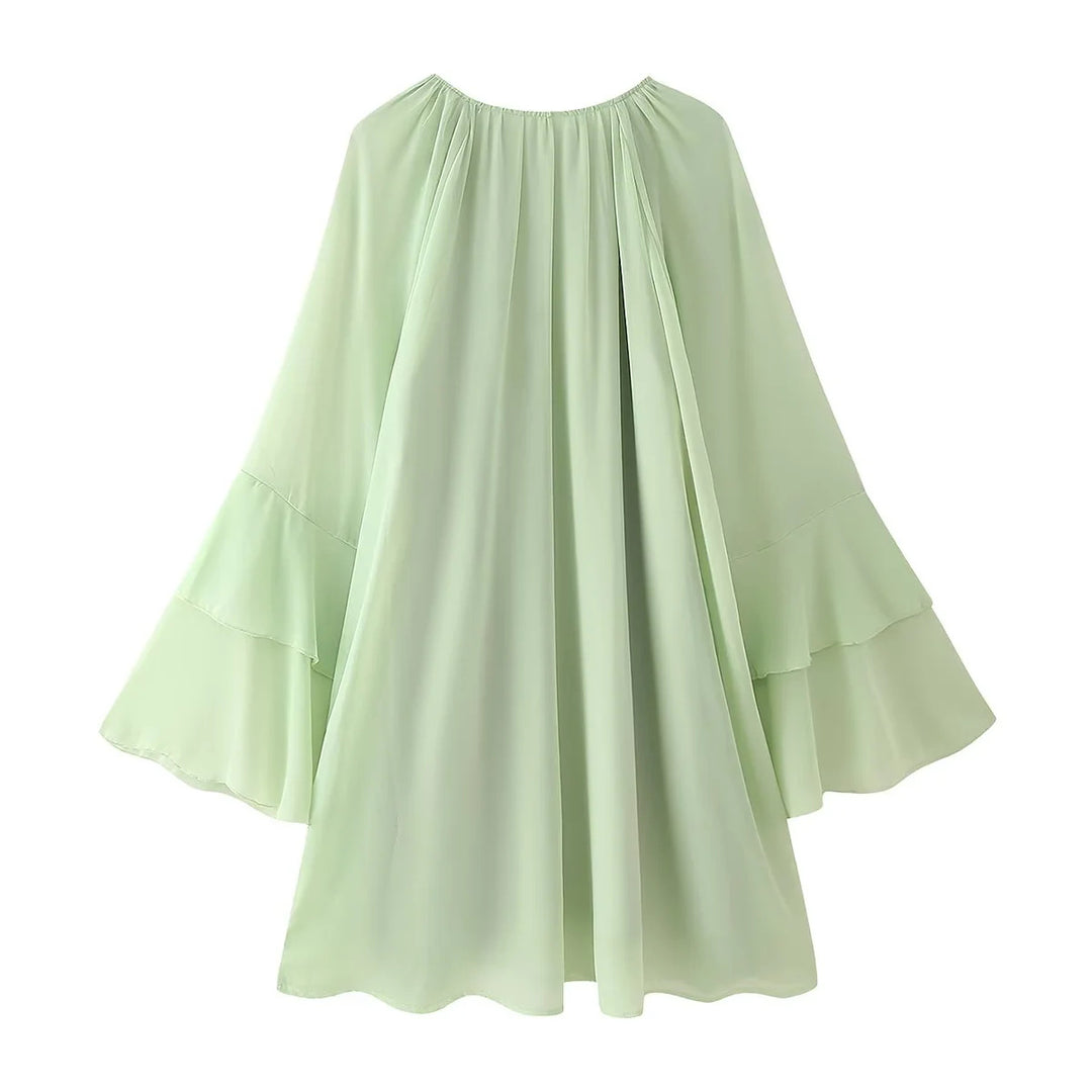 Damen nan fließendes Chiffon‑Midikleid mit Volantbesatz, weitem Glockenärmel und gerafftem Rundhalsausschnitt Echo Archiv