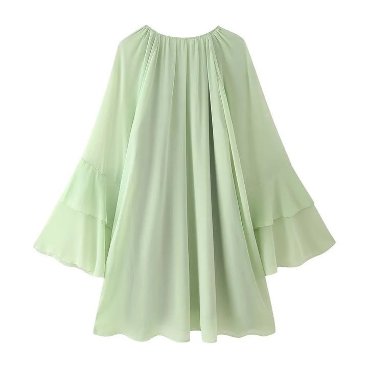Damen nan fließendes Chiffon‑Midikleid mit Volantbesatz, weitem Glockenärmel und gerafftem Rundhalsausschnitt Echo Archiv