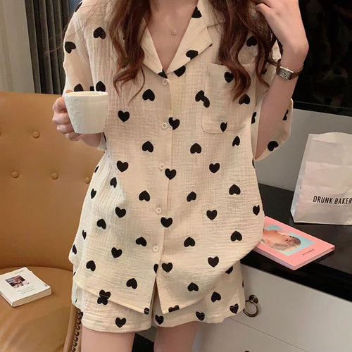 Damen Pyjama-Set mit Herzen und kurzen Ärmeln Echoarchiv