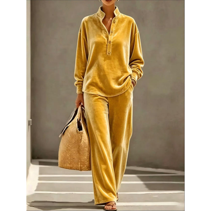 Damen Velours-Loungewear-Set mit Stehkragen-Henleytop und weiter Palazzohose Echoarchiv