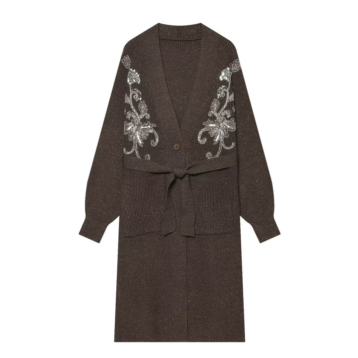 Damen Langer Strickcardigan mit Taillengürtel und Pailletten‑Stickerei Echo Archiv