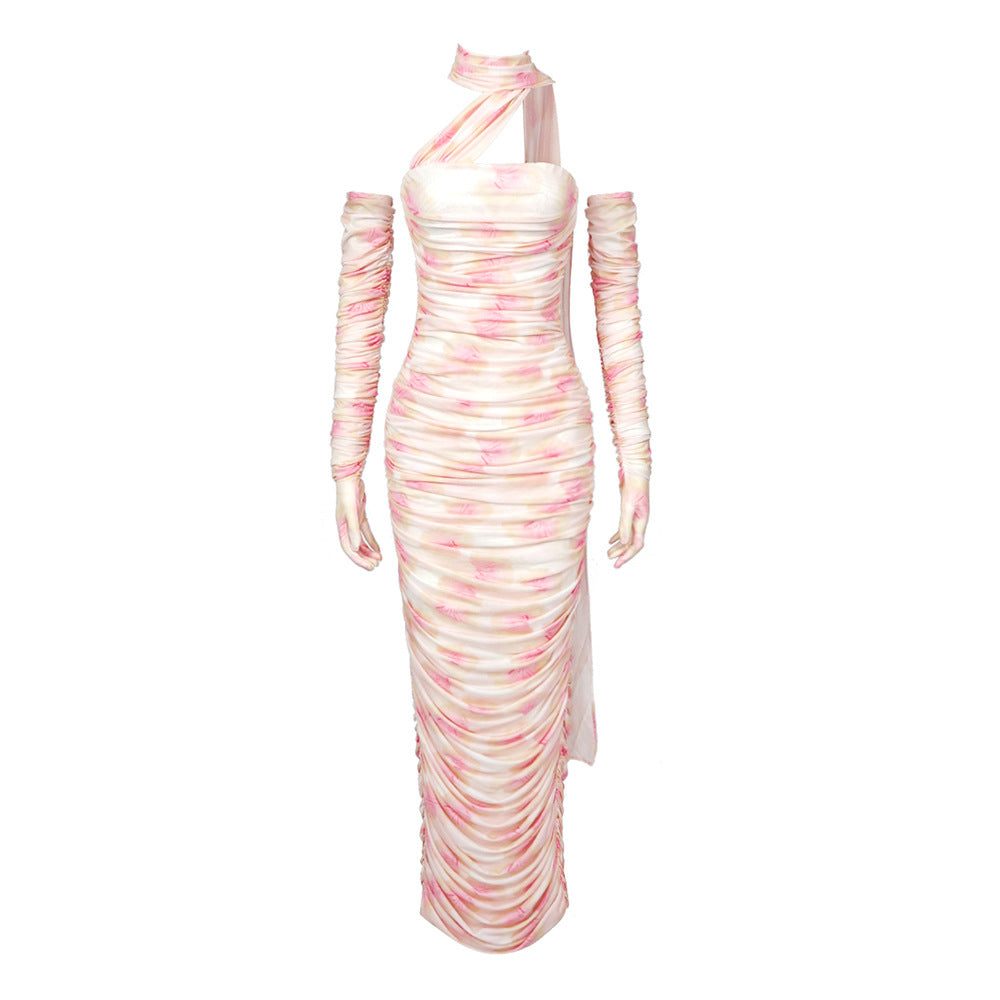 Damen figurbetontes Kleid mit asymmetrischen Ärmeln und stilvollem Drapée Echo Archiv