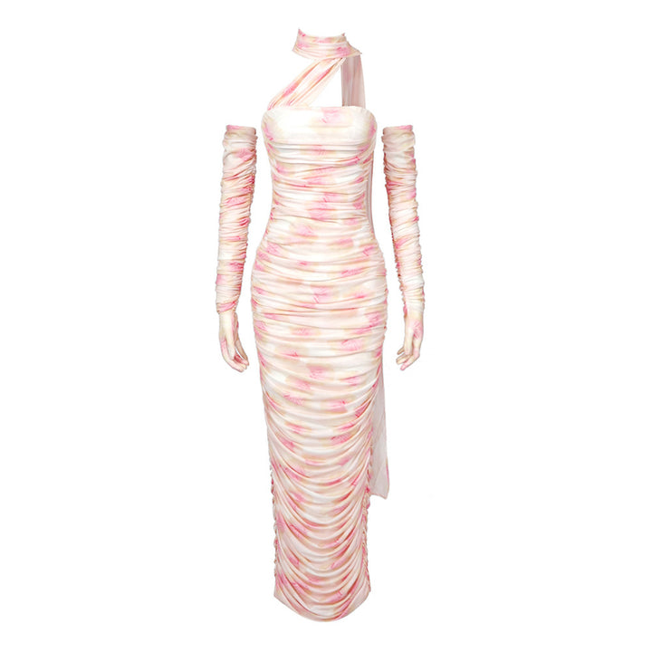 Damen figurbetontes Kleid mit asymmetrischen Ärmeln und stilvollem Drapée Echo Archiv