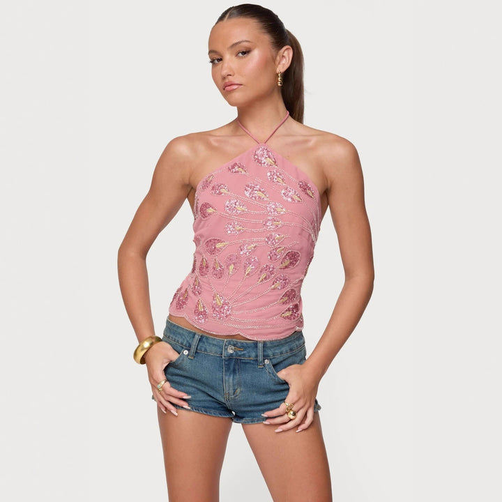 Damen Glitzerndes Halboberteil mit floralen Pailletten und feinen Trägern Echo Archiv