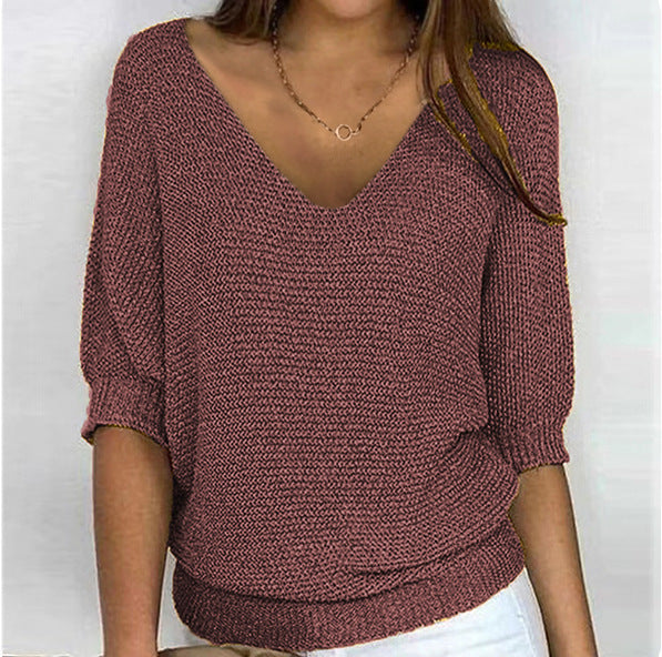 Damen nan lässiger Strickpullover mit V-Ausschnitt und Fledermausärmeln Echo Archiv