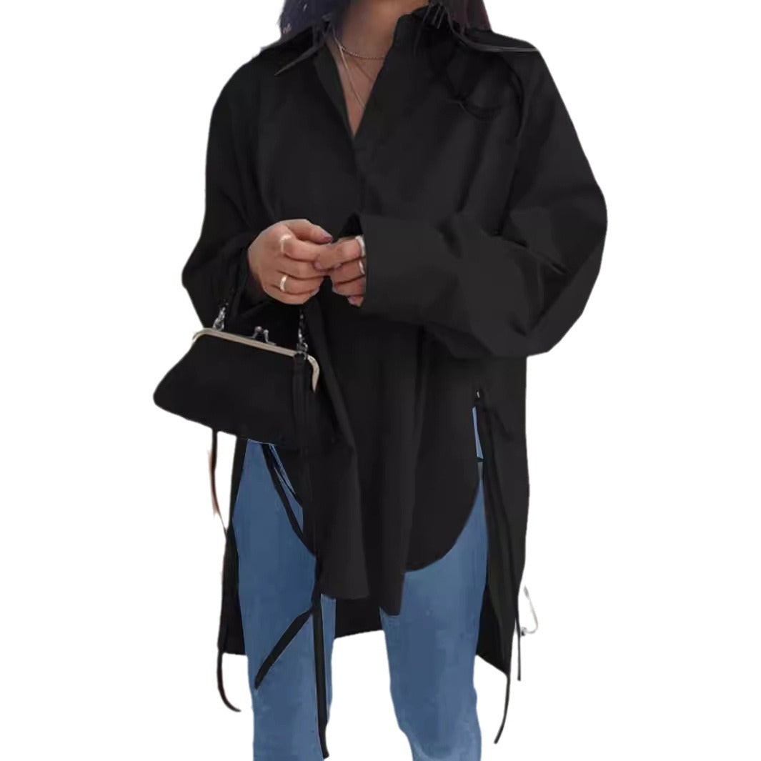 Damen Oversize-Longbluse mit Tunnelzugseiten, extralangen Manschetten und Hemdkragen – Avérine