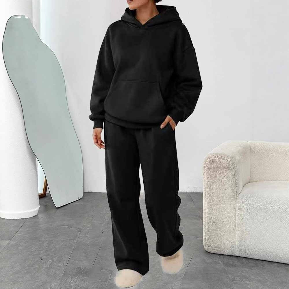 Damen zweiteiliges Freizeit-Lounge-Set mit Kapuzenpullover, Kängurutasche und gerader Loungehose aus weichem Baumwollmix – Auréline