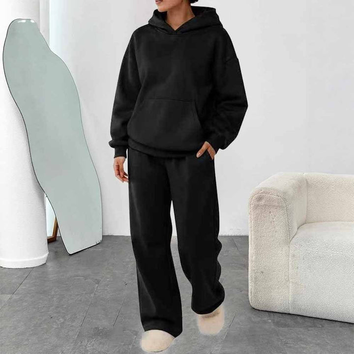 Damen zweiteiliges Freizeit-Lounge-Set mit Kapuzenpullover, Kängurutasche und gerader Loungehose aus weichem Baumwollmix – Auréline
