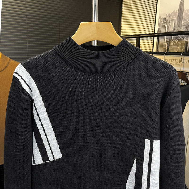 Herren Feinstrick-Pullover mit kurzem Stehkragen und geometrischem Intarsia-Design Echoarchiv