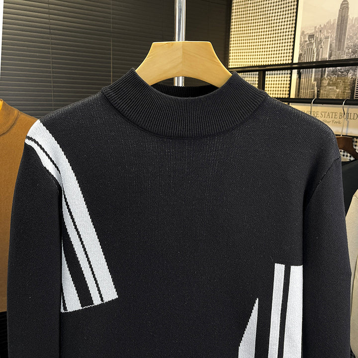 Herren Feinstrick-Pullover mit kurzem Stehkragen und geometrischem Intarsia-Design Echoarchiv