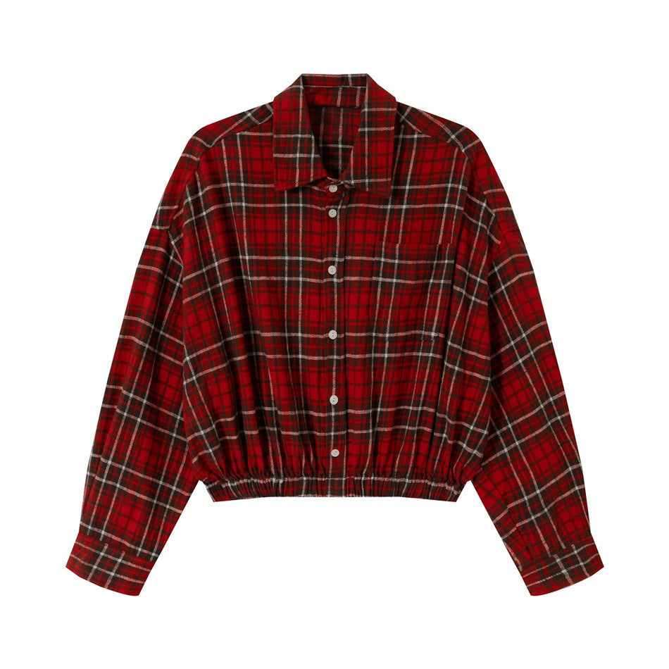 Damen Kurz geschnittene Oversize-Hemdjacke im Karo‑Flanell mit Gummizugsaum Echoarchiv