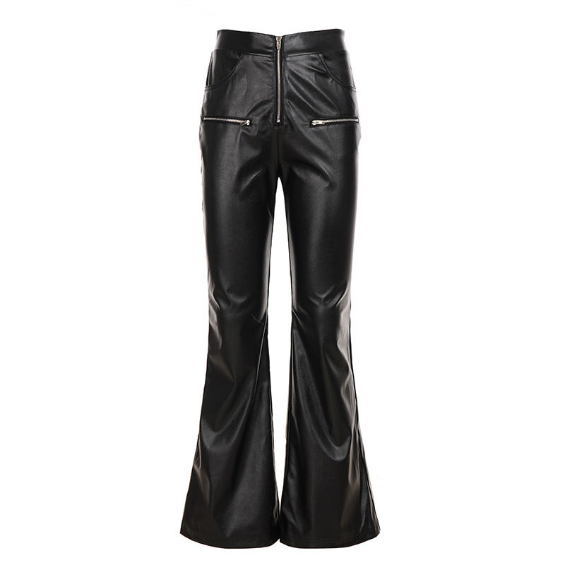 Damen Hochgeschnittene Kunstleder-Flared-Hose mit Frontreißverschluss und Zier-Reißverschlusstaschen – Avélisse