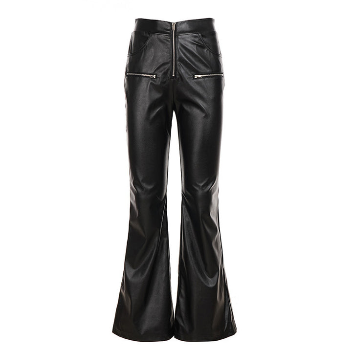 Damen Hochgeschnittene Kunstleder-Flared-Hose mit Frontreißverschluss und Zier-Reißverschlusstaschen – Avélisse
