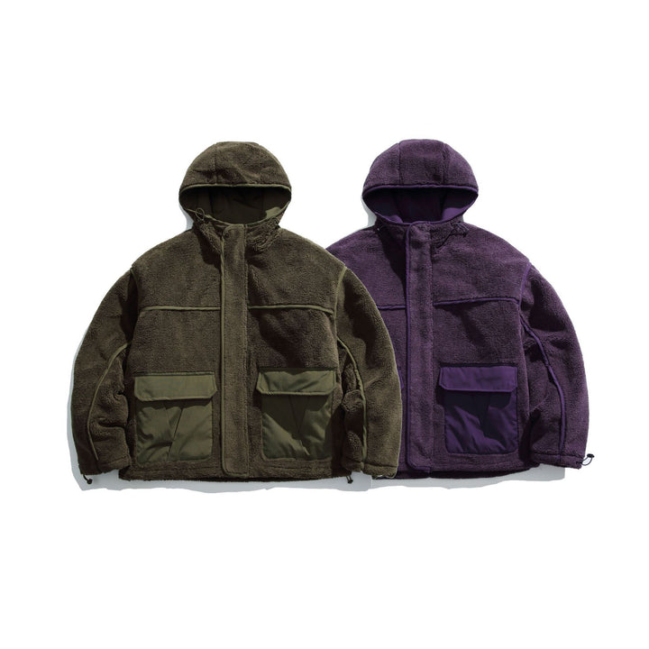 Unisex Gefütterte Fleece-Utility-Jacke mit Kapuze und XXL-Pattentaschen Echoarchiv