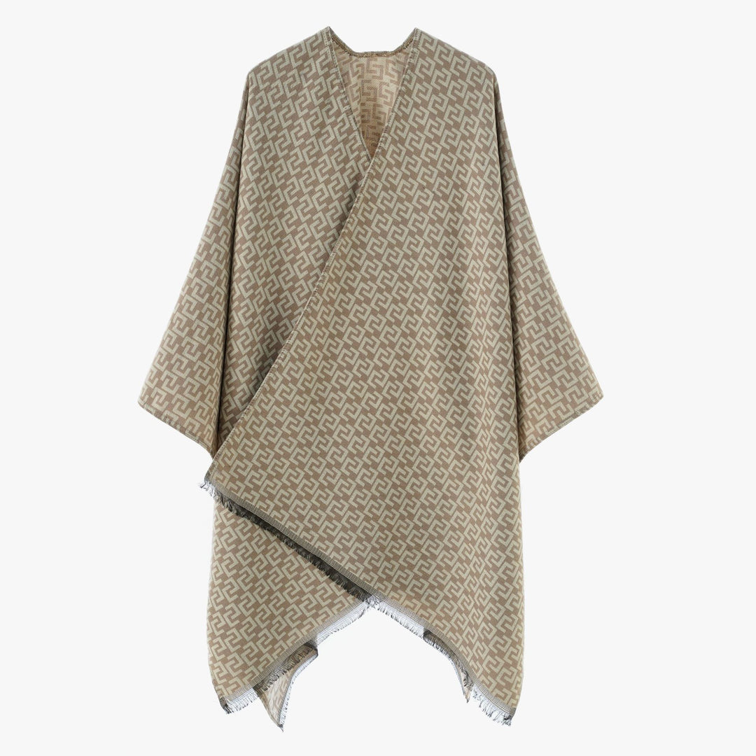Damen Gewebter Jacquard‑Wickelponcho mit geometrischem Allovermuster und feinem Fransensaum – Célinea
