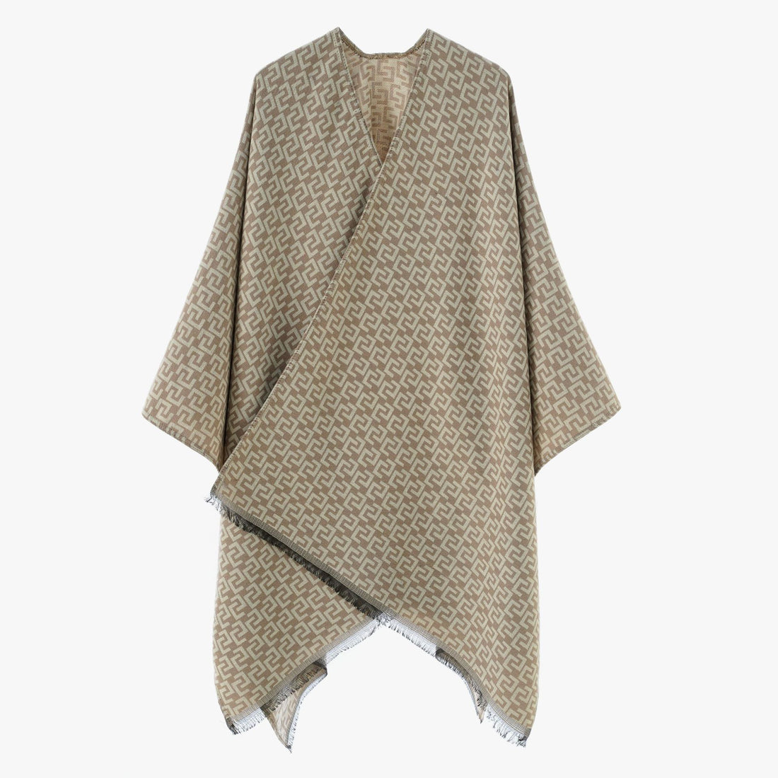 Damen Gewebter Jacquard‑Wickelponcho mit geometrischem Allovermuster und feinem Fransensaum – Célinea